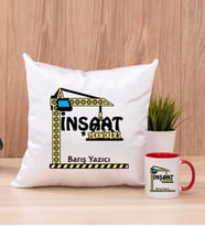 İnşaat Teknikeri Kare Yastık ve Kırmızı Kupa Bardak