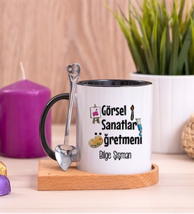 Görsel Sanatlar Öğretmeni Ahşap Altlıklı Siyah Kupa Bardak