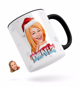 BK Gift Kişiye Özel Kadın Yeni Yıl Karikatürlü Siyah Kupa Bardak-3