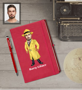 Kişiye Özel Müfettiş Karikatürlü  Kırmızı Defter Kalem Hediye Seti Bay-2