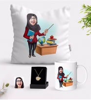 BK Gift Kişiye Özel Bayan Öğretmen Karikatürlü Beyaz Kupa Yastık ve İsimli Papatya Kolye Hediye Seti-7 (Model 1)