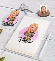 BK Gift Kişiye Özel Kadın Aşçı Karikatürlü Beyaz Defter Kalem ve Anahtarlık Hediye Seti-2 (Model 1)