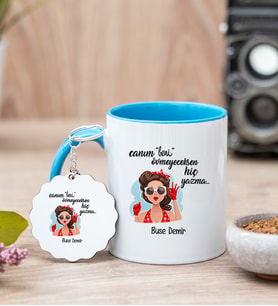 Övmeyeceksen Hiç Yazma Mavi Kupa Bardak ve Anahtarlık Set