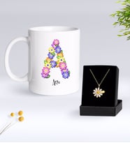 BK Gift Kişiye Özel Çiçek Temalı Harf Kupa ve Papatya Kolye Hediye Seti-1 (Model 1)