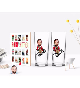 BK Gift Kişiye Özel Renkli Baskılı Erkek Patron Karikatürlü İkili Rakı Bardağı ve Rakı Cep Kitabı Hediye Seti-2 (Model 1)