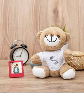 Çiçek Desenli İsme Özel Peluş Ayıcık ve Mini Fotoğraf Çerçevesi