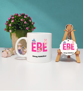 Ebe Tasarımlı Kişiye Özel Hediye Ebe Kupa Bardak ve Ahşap Anahtarlık Seti