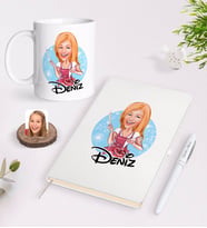 BK Gift Kişiye Özel Kadın Aşçı Karikatürlü Beyaz Defter Kalem ve Kupa Seti-1 (Model 1)