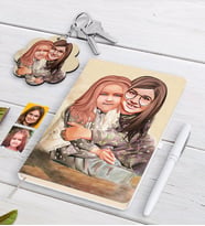 BK Gift Kişiye Özel Kız Kardeşler Karikatürlü Beyaz Defter Kalem ve Anahtarlık Hediye Seti-4 (Model 1)