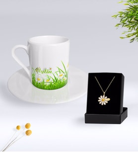 BK Gift Kişiye Özel Papatya Temalı Türk Kahvesi Fincanı Ve Papatya Kolye Hediye Seti-3 (Model 1)