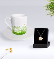 BK Gift Kişiye Özel Papatya Temalı Türk Kahvesi Fincanı Ve Papatya Kolye Hediye Seti-3 (Model 1)