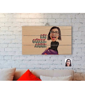 BK Gift Kişiye Özel En Güzel Anne Karikatürlü Otantik Ahşap Palet Tablo