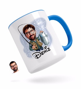 BK Gift Kişiye Özel Erkek Balıkçı Karikatürlü Mavi Kupa Bardak