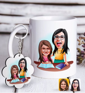 BK Gift Kişiye Özel Anne Kız Karikatürlü Beyaz Kupa ve Anahtarlık Hediye Seti-1 (Model 1)
