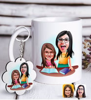 BK Gift Kişiye Özel Anne Kız Karikatürlü Beyaz Kupa ve Anahtarlık Hediye Seti-1 (Model 1)