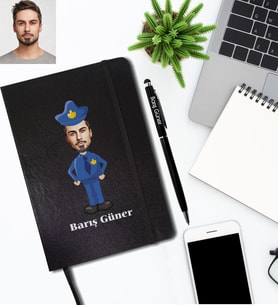 Kişiye Özel Polis Karikatürlü Siyah Defter Kalem Hediye Seti  Bay-1