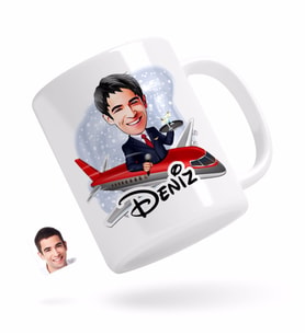 BK Gift Kişiye Özel Erkek Uçuş Görevlisi Karikatürlü Beyaz Kupa Bardak-1