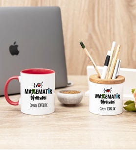 Matematik Öğretmeni Kırmızı Kupa Bardak Ve Kalemlik Hediye Seti