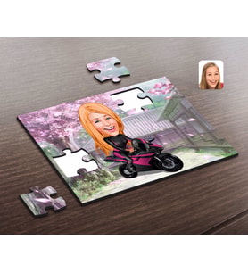 BK Gift Kişiye Özel Kadın Motorcu Karikatürlü Ahşap Puzzle-1