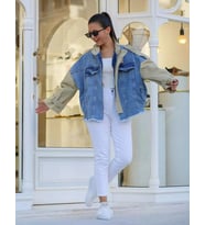 Kadın Mavi - Bej Oversize Kot Ceket