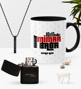 BK Gift Kişiye Özel Mimar Baba Siyah Kupa Benzinli Çakmak Kolye Seti-1 (Model 1)