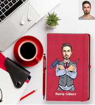 Kişiye Özel Berber Karikatürlü Kırmızı Defter Kalem Hediye Seti Bay-1