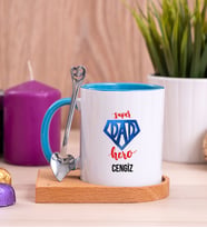 Super Dad Babaya Hediye Ahşap Altlıklı Mavi Kupa Bardak
