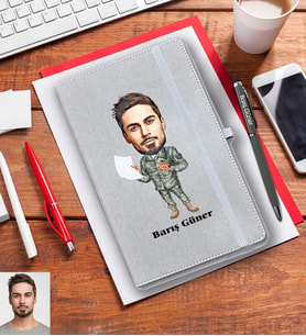 Kişiye Özel Asker Karikatürlü Gri Defter Kalem Hediye Seti Bay-3