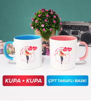 İkili Sevgiliye Sevgililer Günü Hediyesi 2 Kupa Bardak Mavi Pembe