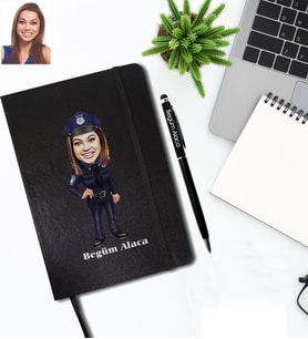 Kişiye Özel Polis Karikatürlü Siyah Defter Kalem Hediye Seti Bayan-2
