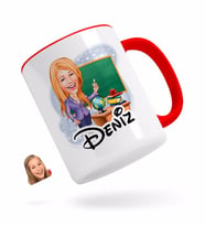 BK Gift Kişiye Özel Kadın Öğretmen Karikatürlü Kırmızı Kupa Bardak-1