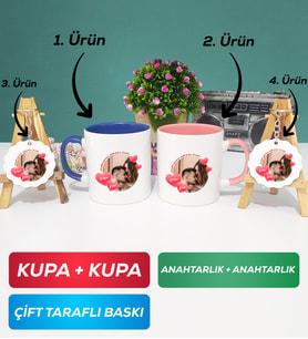 İkili Lacivert Pembe Sevgiliye Sevgililer Günü Hediyesi 8 Kupa Bardak Anahtarlık