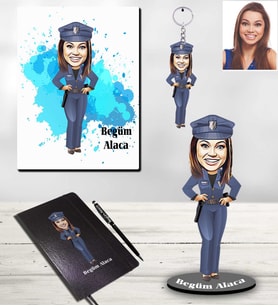Kişiye Özel Polis Karikatürlü 5 li Hediye Seti Bayan-1