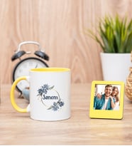 İsme Özel Çiçek Desenli Sarı Kupa Bardak ve Sarı Mini Fotoğraf Çerçevesi
