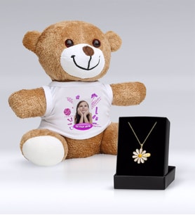 BK Gift Kişiye Özel İsimli Papatya Kolye ve Fotoğraflı Doğum Günü Peluş Ayıcık Hediye Seti-4 (Model 1)
