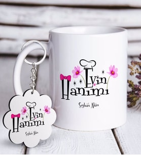BK Gift Kişiye Özel Evin Hanımı Beyaz Kupa ve Anahtarlık Hediye Seti (Model 1)