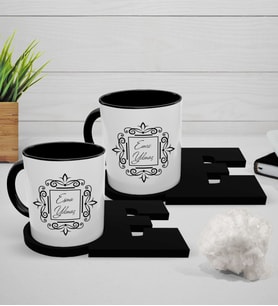 BK Gift Kişiye Özel İkili Siyah Kupa ve Harfli Siyah Bardak Altlığı Seti