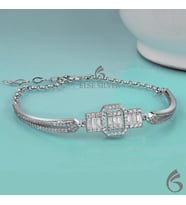 Else Silver Özel Tasarım Baget Taşlı Kelepçe Modeli Gümüş Bileklik (Beyaz)