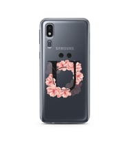 Pembe Çiçekli Harf Tasarım Süper Şeffaf Silikon Telefon Kılıfı Samsung A2 Core Ü