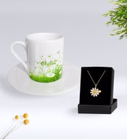 BK Gift Kişiye Özel Papatya Temalı Türk Kahvesi Fincanı Ve Papatya Kolye Hediye Seti-6 (Model 1)