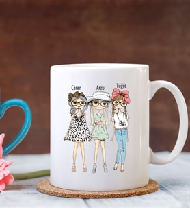 BK Gift Kişiye Özel Üç Kız Tasarımlı Beyaz Kupa Bardak