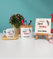 Tarih Öğretmeni Ahşap Altlıklı Türk Kahvesi Fincanı Kalemlik Dekoratif Taş Baskı Seti