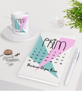 BK Gift Kişiye Özel Doğum Günü Takvim Beyaz Defter Kalem Türk Kahvesi Fincanı Seti-3 (Model 1)