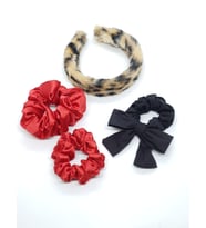 MelKady 196I -  Sevgililer Gününe Özel Saç Aksesuar Seti ,LeoparKürk Taç, Fiyonk Fular Saç Lastiği ve Saten Scrunchie( 2'li)
