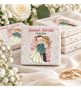 30 Adet Kişiye Özel Baskılı Doğal Taş Magnet 5x5cm Söz, Nikah, Nişan Hatırası (Beyaz)
