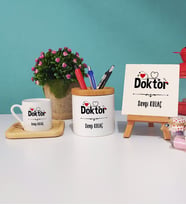 Doktor Hediye Ahşap Altlıklı Türk Kahvesi Fincanı Kalemlik Dekoratif Taş Baskı Hediye Seti
