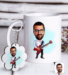 BK Gift Kişiye Özel Erkek Gitarist Karikatürlü Beyaz Kupa ve Anahtarlık Hediye Seti-2 (Model 1)