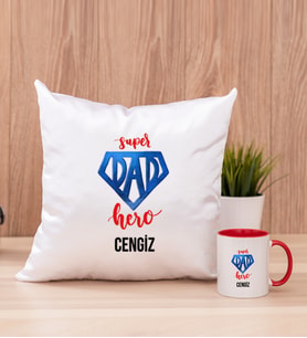 Super Dad Babaya Hediye Kare Yastık ve Kırmızı Kupa Bardak
