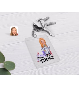 BK Gift Kişiye Özel Kadın Eczacı Karikatürlü Şeffaf Pleksi Anahtarlık-3 (Beyaz)