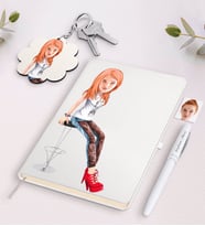 BK Gift Kişiye Özel Bayan Karikatürlü Beyaz Defter Kalem Ve Anahtarlık Hediye Seti-39 (Model 1)